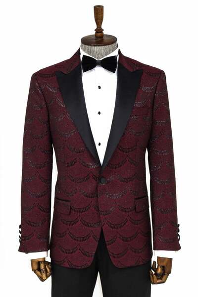 Wessi Simli Desenli Bordo Erkek Smokin Ceketi - Wessi