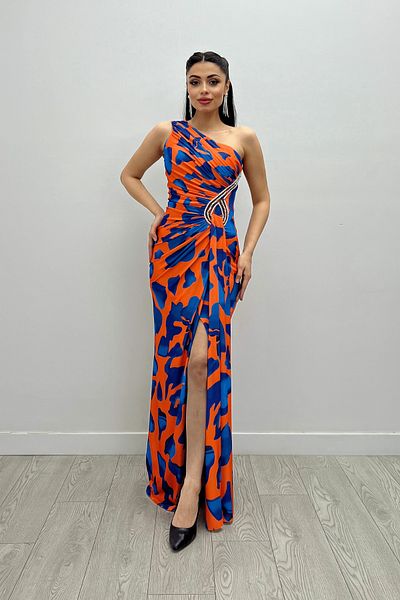 giyimmasalı Orange Draped and Stone Detailed Jersey Fish Dress