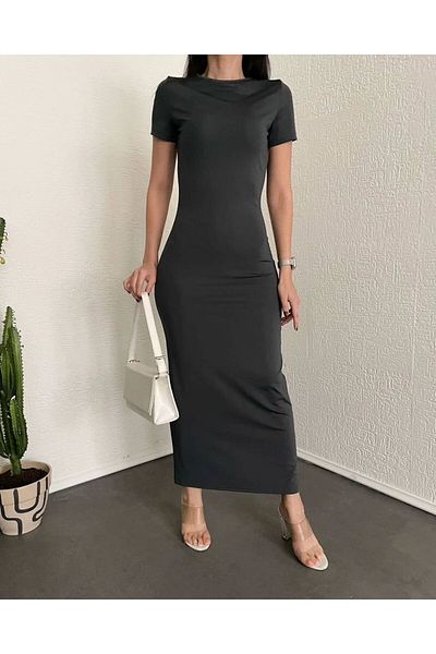 HARMONY GLOBAL Rochie midi Antracit - mânecă scurtă, țesătură Osho, Decolteu Crew, Rochie 167