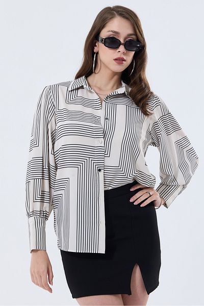 MD trend Cămașă oversize pentru femei cu model geometric - mânecă cu balon și umeri strânși