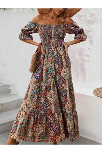 Moka Shopin Ψηφιακό μοτίβο κομμένο μονό ζέρσεϊ μακρύ φόρεμα - Γυναικείο, κοντό μανίκι, εκτός ώμου