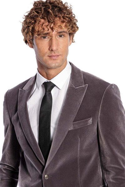Wessi Gray Velvet Men's Jacket - Wide Pointed Collar, Single Button - Wessi