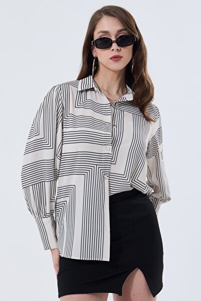 MD trend Geometric Patterned Oversize Women's Shirt - Balloon Sleeve and Shoulder Gathered