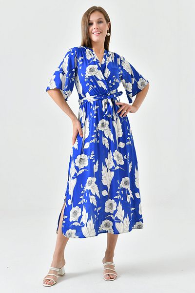 lovebox Albastru cu model floral Guler dublu și talie elastică cu brâu Mărimea Midi 3469