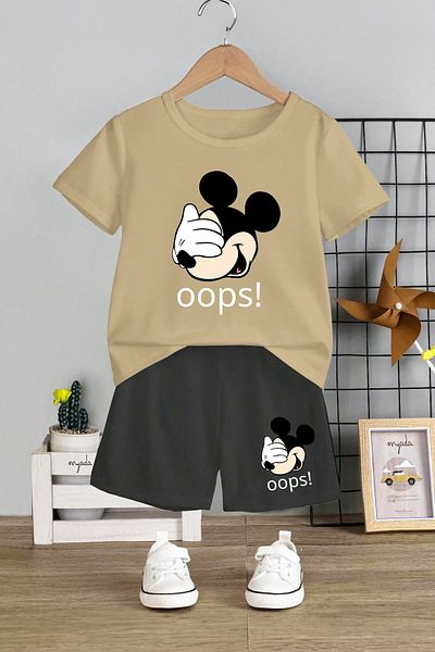 MYADA Oops! Set pentru copii cu imprimeu Miki - Gâtul turn, pantaloni scurți elastici, set text de 2 12449