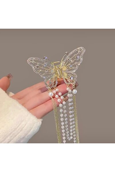 SHEKER HOME مشبك مزلاج على شكل فراشة ذهبية - زنبرك فولاذي، متدلي ولؤلؤ