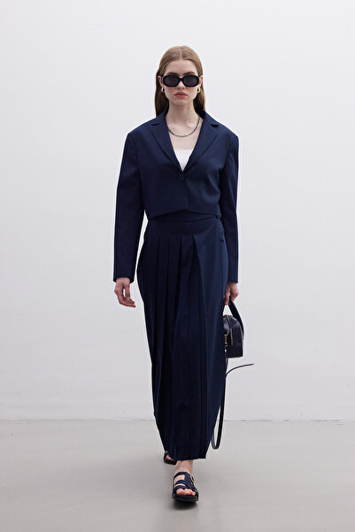 Manuka Navy Blue Double Breasted Pleated Skirt