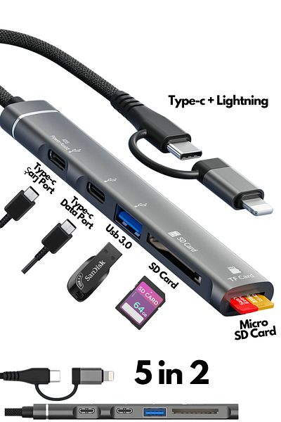 Favors Macbook Pro Air 5in2 Type-C + Lightning - USB وSD/TF قارئ بطاقات معدد الإرسال
