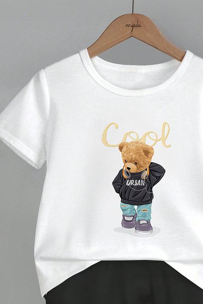MYADA Cool Bear Printed 2-Piece Kids Set - Crew Neck and Elastic Shorts 11003