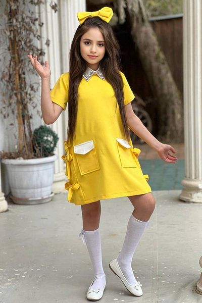 Riccotarz Jewelled Embroidered Yellow Girl's Dress - Short Sleeve, Bow Detail and Pocket