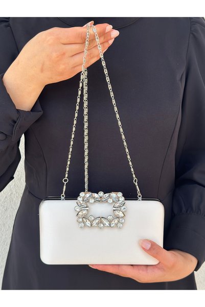 she poly Women's Mother of Pearl Satin Covered Accessory Detailed Chain Evening Dress Shoulder Bag