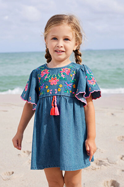 Next Baby Mavi Denim İşlemeli Kaftan kız çocuk  Elbise