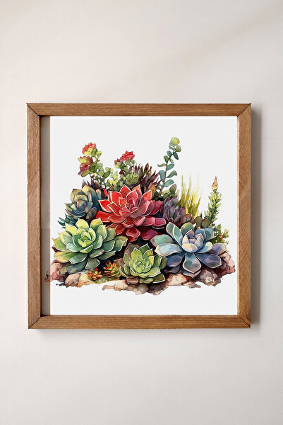 Tooall Ahşap Çerçeveli, Sulu Boya Efektli Renkli Kaktüs Tablosu, Watercolor