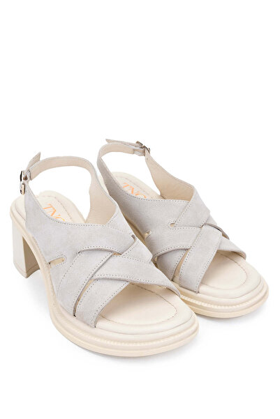 Tamer Tanca Beige Suede Heeled Women's Sandals - Genuine Leather