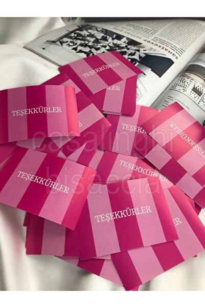 bisaccia Pembe Çizgili Teşekkürler Kağıdı 6.5x9.5 Cm - 100 Adet