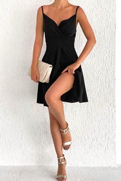 ubmbutik Kadın Mini Elbise - Kruvaze Yaka - ip Askılı - Siyah Elbise