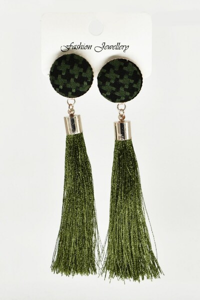 AKIN AKSESUAR HEDİYELİK Long Plaid Earrings - Button Detail and Tassels