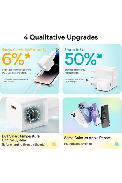Baseus GaN5 Mini Type-C Girişli 20W Hızlı Şarj Cihazı iPhone ve Samsung Tüm Seri Uyumlu