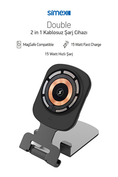 Simex 15W Hızlı Manyetik Masaüstü Metal Magsafe Kablosuz Şarj Standı ve Telefon Tutucu Double