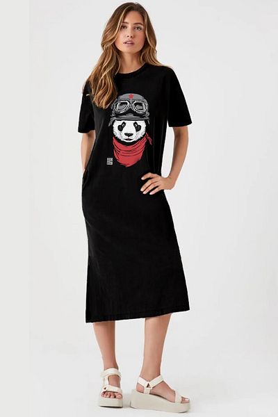 ROCKANDROLL Black Panda Patterned Bandana Crew Neck Short Sleeve Long Combed Cotton Dress