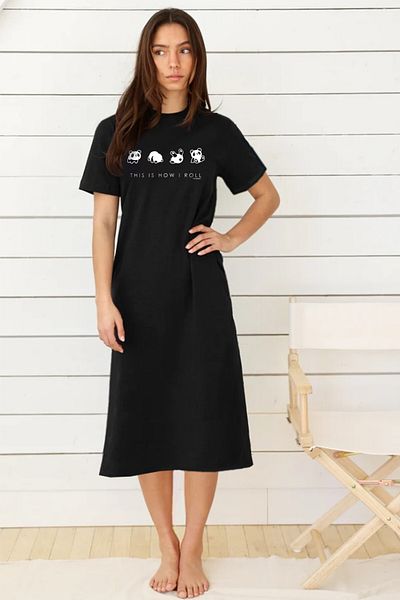 ROCKANDROLL Black Panda Rhinestone - Long Combed Cotton Dress with Crew Neck and Short Sleeves