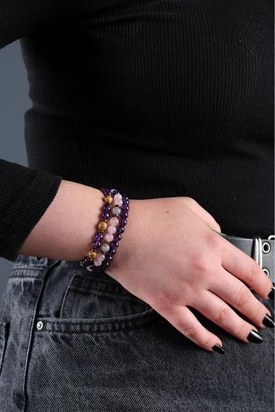 Ssilhoutte Doğaltaş Certified Amethyst, Pink Quartz Women's Natural Stone Bracelet Set Gift Bracelet