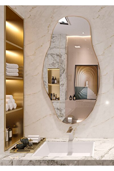 CG HOME Asimetrik Duvar Aynası 90x50 cm – Gold Çerçeveli Modern Dekoratif Ayna