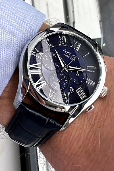 Ferrucci Function Erkek Kol Saati 3 Atm Su Geçirmez Lacivert Deri Kordon + Hediye Bileklik FRE2046C3