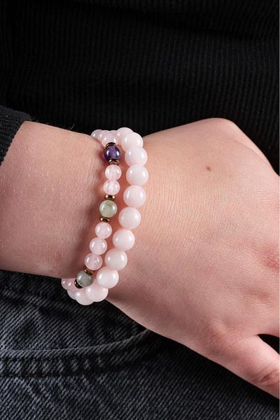 Ssilhoutte Doğaltaş Certified Pink Quartz, Amethyst and Hematite Women's Natural Stone Set Bracelet 6mm and 8mm