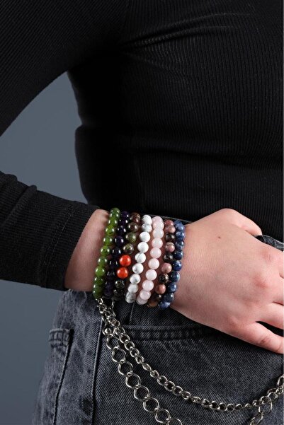 Ssilhoutte Doğaltaş Set Kadın&Erkek Doğal Taş Bileklik Yeşim Taşı,Ametist,Pembe Kuvars,Sodalit,Havlit,Rodonit,Kan Taşı