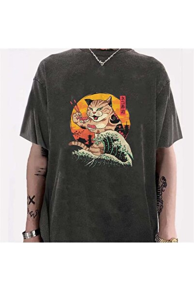 Toum Unisex umetnička mačka vintage T-shirt - grubo oprana