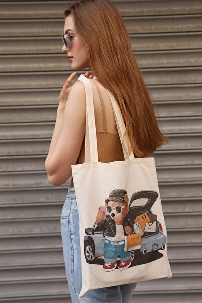 DK DAKSEL Kanvas Teddy Bear Mavi Araba Alış Veriş Baskılı Omuz Çanta