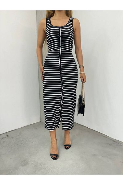BİKELİFE Boydandan Gestreiftes Kleid mit Knöpfen für Damen - Rundhals