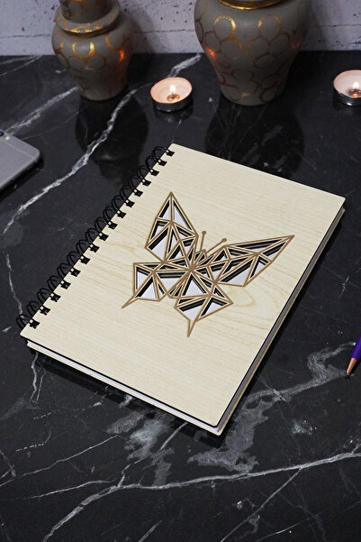 markcat Unlined Notebook with Butterfly Figure with Wooden Cover - for Diary and Agenda - A5 Memory Book