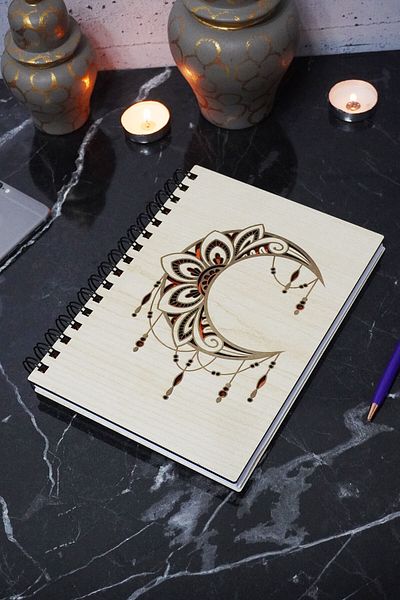 markcat Mandala Patterned Notebook with Wooden Cover - Unlined Agenda and Daily Use - A5 Memory Book