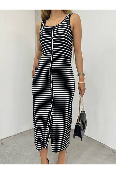 BİKELİFE Boydandan Gestreiftes Kleid mit Knöpfen für Damen - Rundhals