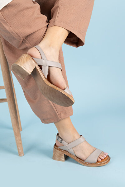 Getcho Mavel Mink Women's Genuine Leather Thick Heeled Sandals with Buckle Summer Daily Casual Stylish Heeled Shoes