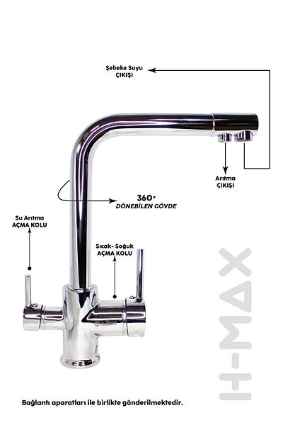 H-MAX Reverse Osmosis System 360 Degree Swivel - Hot Cold Inlet Purifier Kitchen Sink Faucet