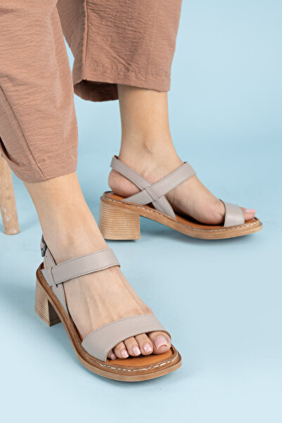 Getcho Mavel Mink Women's Genuine Leather Thick Heeled Sandals with Buckle Summer Daily Casual Stylish Heeled Shoes