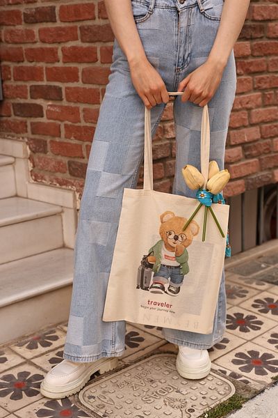 DK DAKSEL Geantă de umăr din pânză imprimată Teddy Bear Traveler
