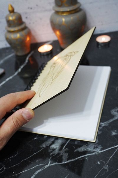 markcat Wolf Figure Notebook - Wooden Cover, Unlined, Daily Use, Agenda, A5 Memory Book