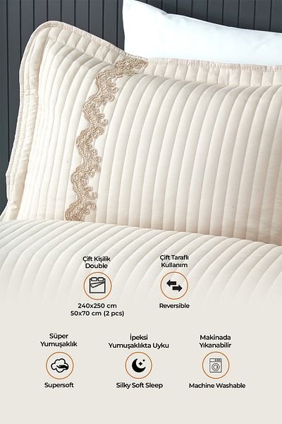 Evlen Home Collection Set cuvertură de pat din bumbac 100% din dantelă Mihrimah, lavabilă Capp/bej
