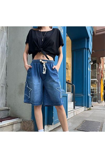 Touz Moda Streetwear Washed τζιν κοντό σορτς - Star Patch Λεπτομέρεια