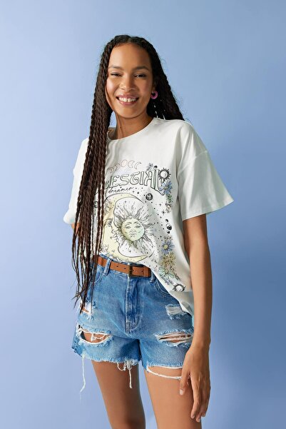 DeFacto Oversize Fit Bisiklet Yaka Baskılı Kısa Kollu %100 Pamuk Tişört B1018ax23hs