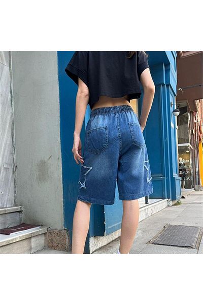 Touz Moda Streetwear Washed τζιν κοντό σορτς - Star Patch Λεπτομέρεια