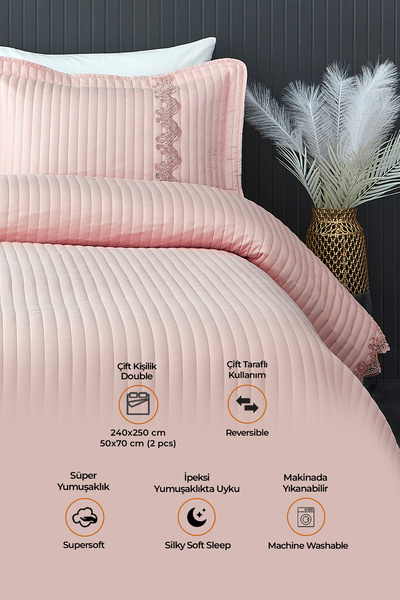 Evlen Home Collection %100 Pamuk Çift Kişilik Yatak Örtüsü Mihrimah Dantelli ( Pike ) Takımı Set Pudra