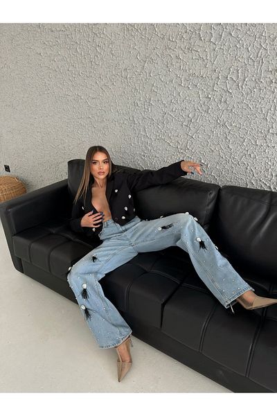 1Moda1Tarz Black Mom Jeans and Stone/Tassel Detailed Jacket - Top and Bottom Set