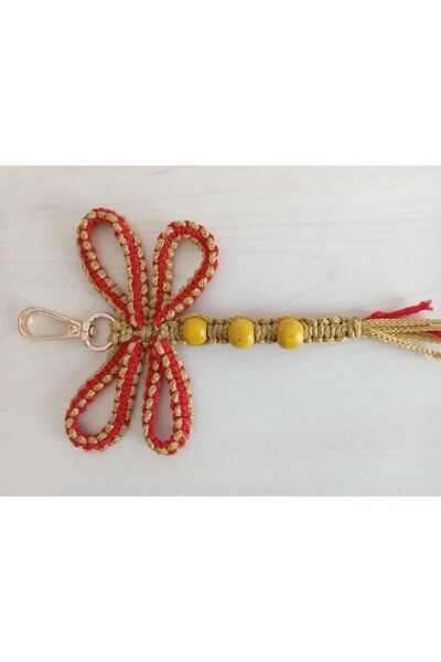 hobi duragı سلسلة مفاتيح وحقيبة زخرفية على شكل يعسوب مكرامية باللون الأصفر والأحمر - هدية مصنوعة يدويًا