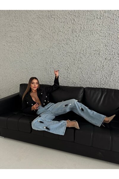 1Moda1Tarz Black Mom Jeans and Stone/Tassel Detailed Jacket - Top and Bottom Set