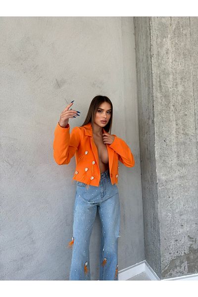 1Moda1Tarz Women's Orange Mom Jeans Woven Jacket Lined Stone and Tassel Combination Design Bottom-Top Set